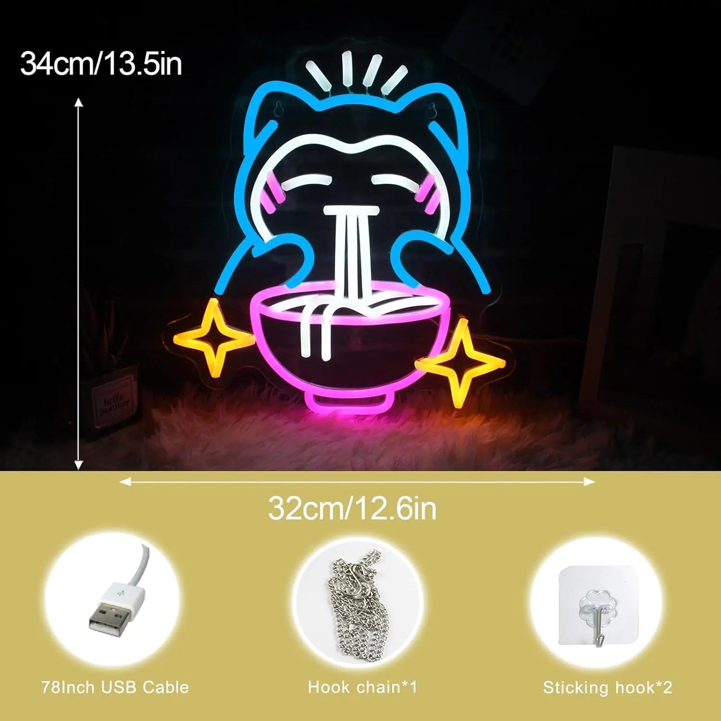 Pokemon Ramen Neon Light Cute Bear Sign Blue Dimmable Led Neon Sign